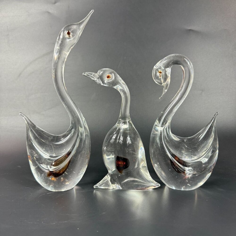 Cenedese Murano Glass Clear  Sommerso Amber Spots Ducks Birds Swans Set of 3